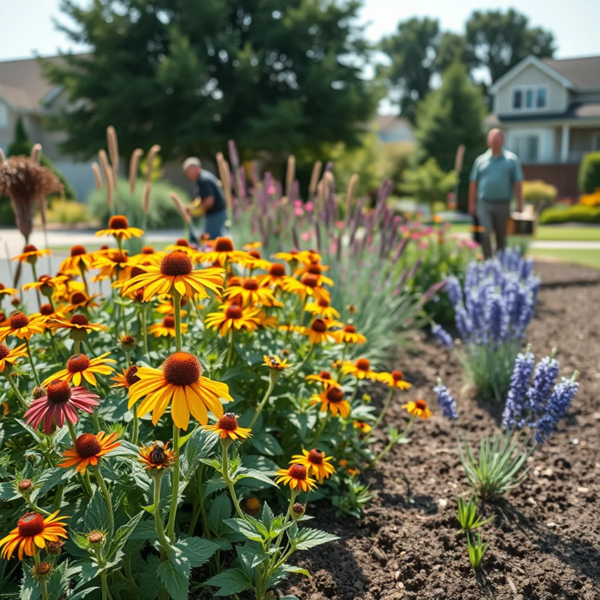Native perennials thriving in a clay-soil garden bed in Northwest Indiana