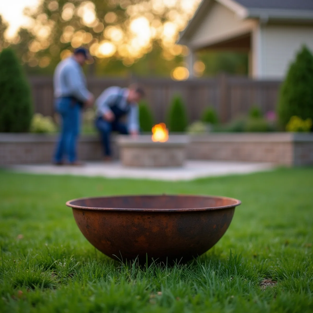 Rusted portable fire bowl in front of a built-in masonry fire pit