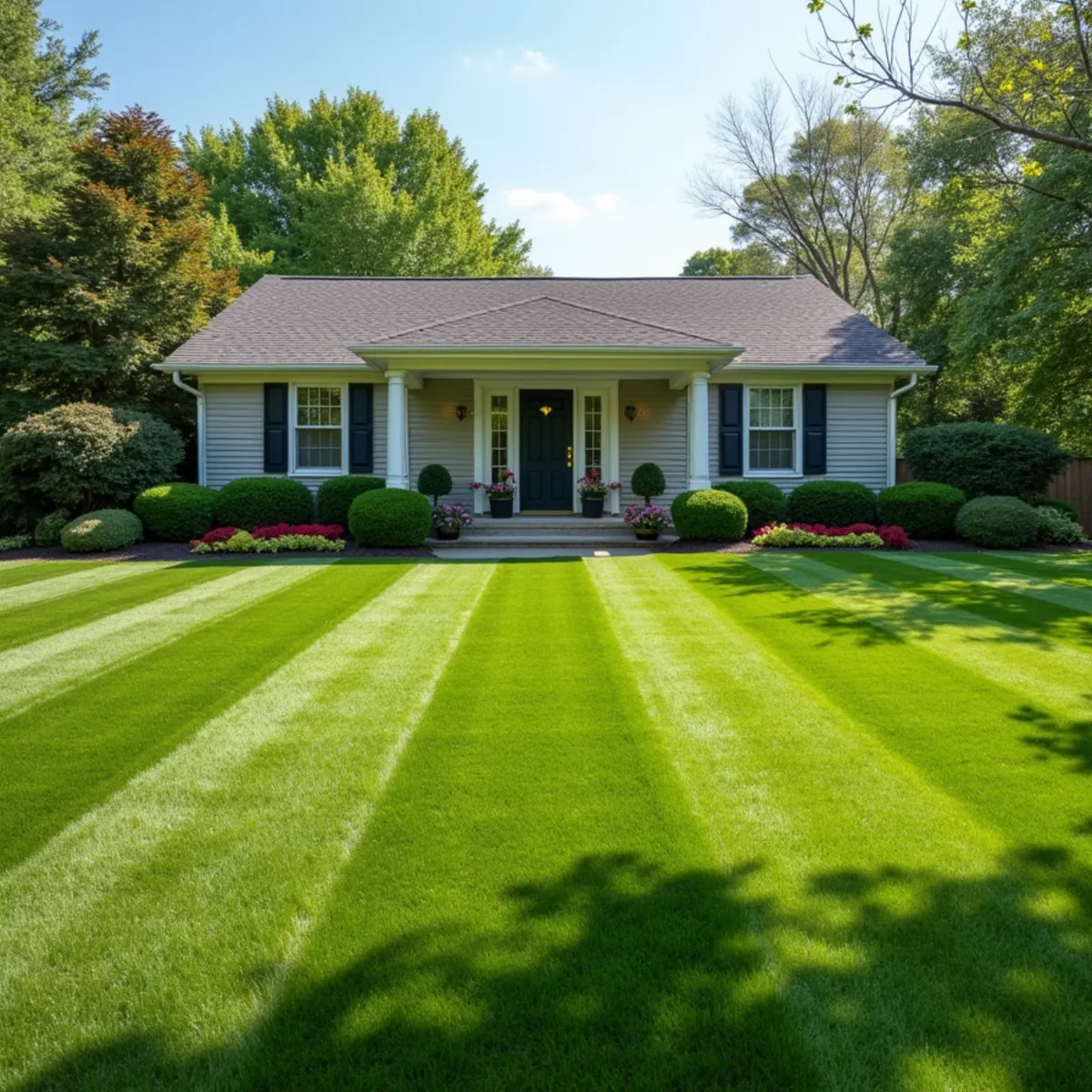 Freshly striped lawn in front of a single-story building