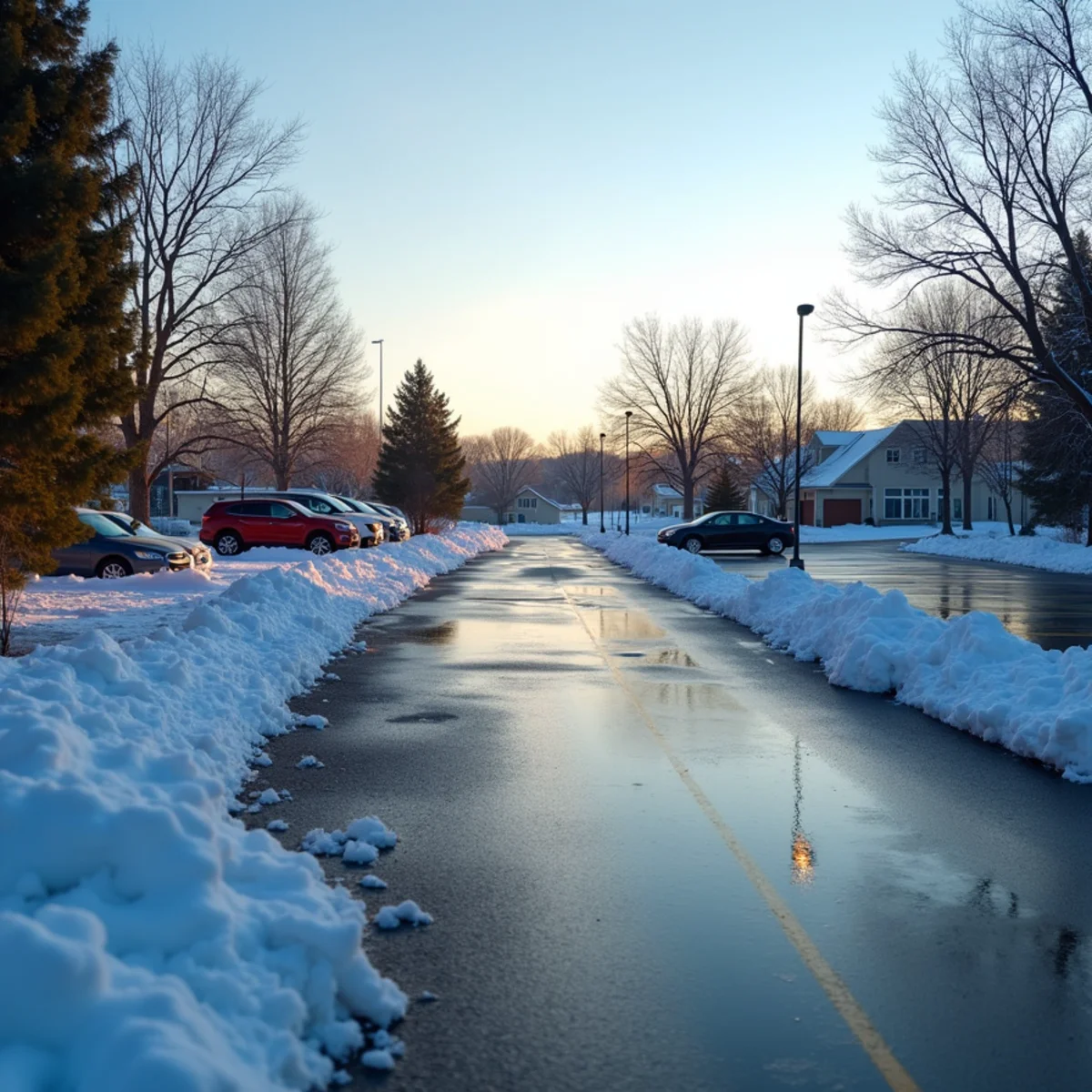 Plowed and cleared commercial parking lot at dawn after snowfall