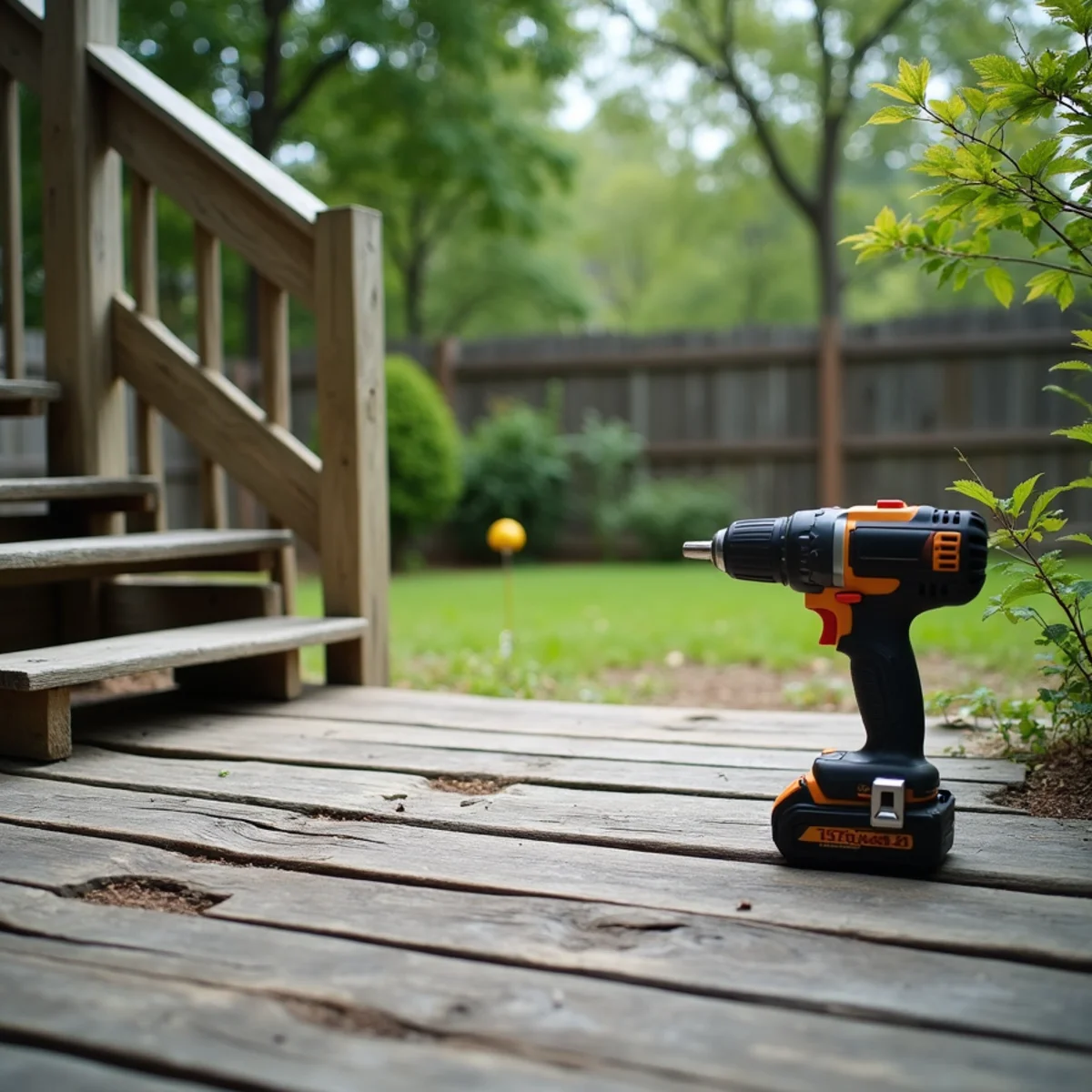 Weathered wooden deck boards and stairs with a cordless drill ready for repairs