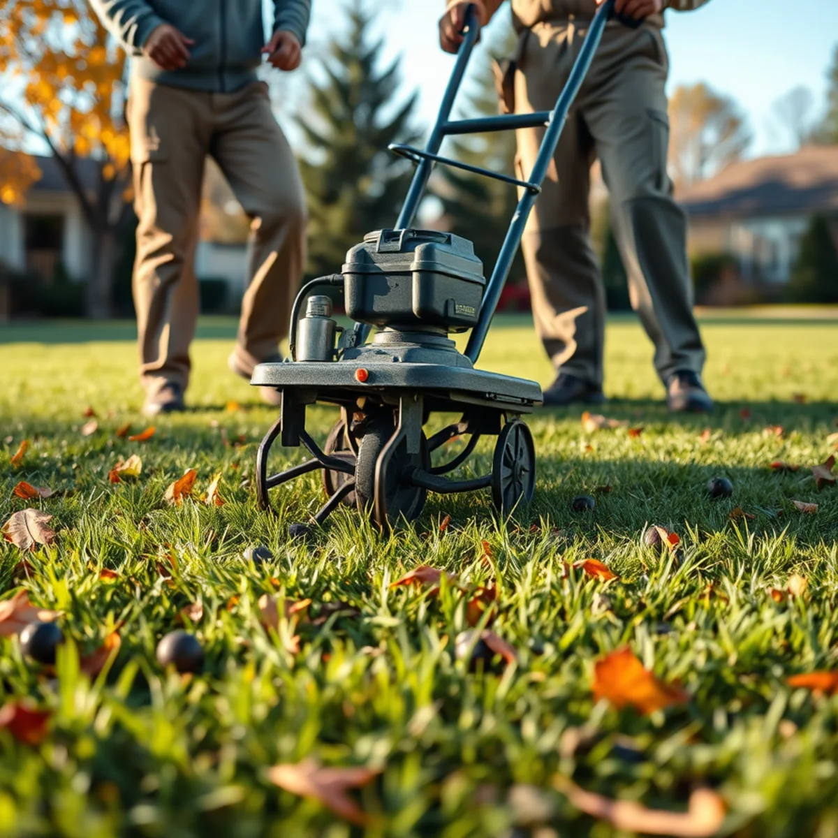 Core aerator pulling plugs from a lawn during fall in Indiana