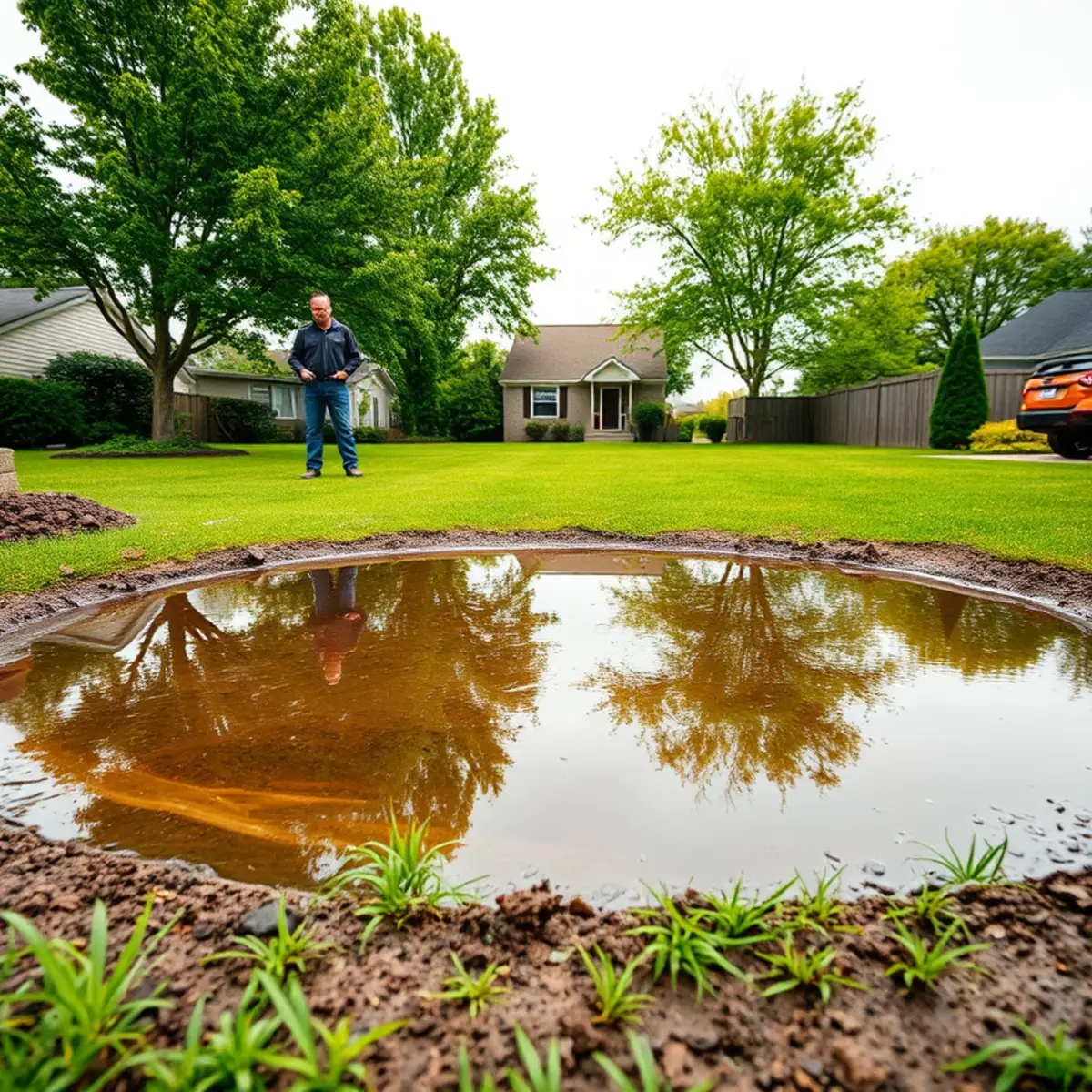 Standing water pooling on a clay-soil lawn after rain in Hobart, Indiana