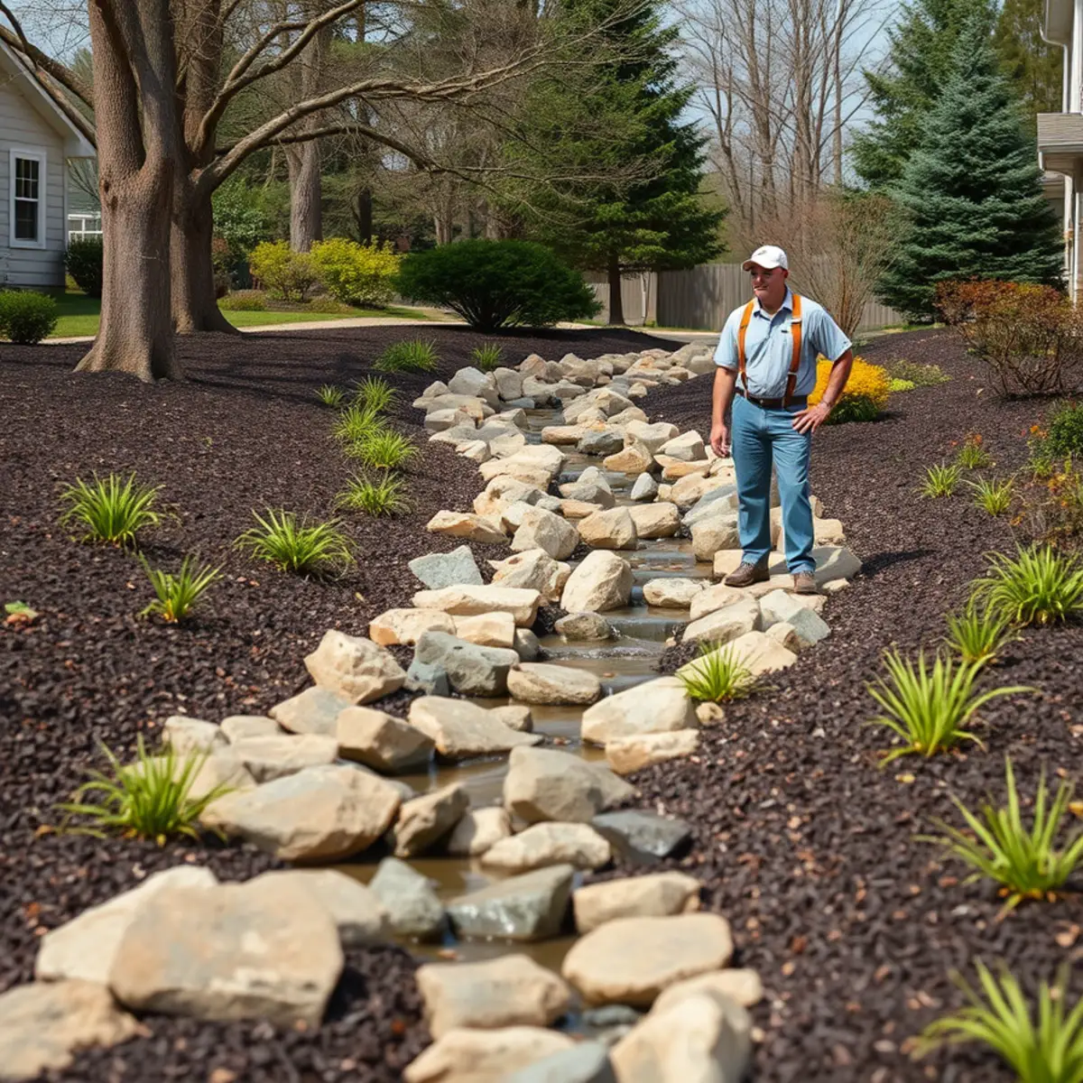 Decorative dry creek bed carrying runoff through a landscaped yard