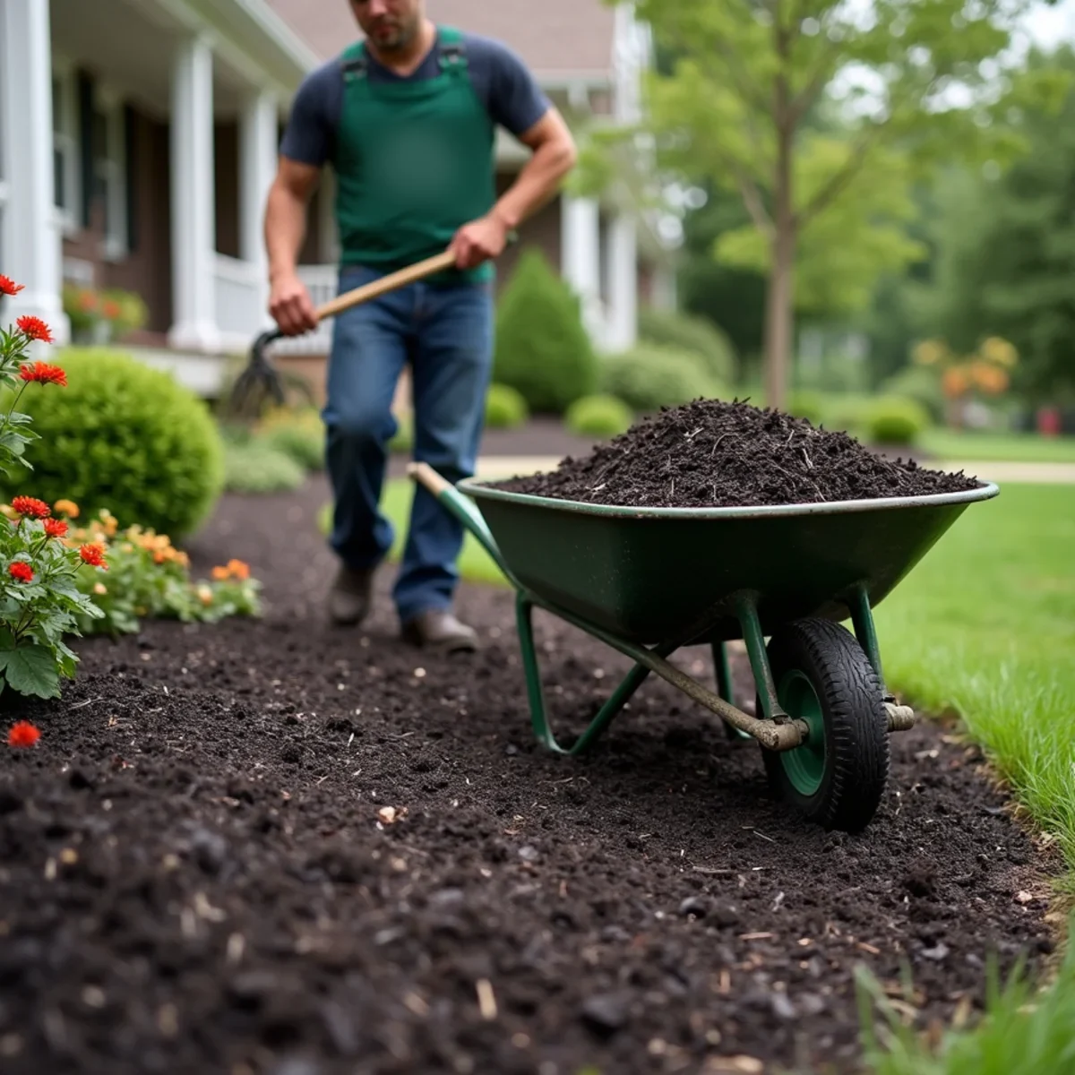 Landscaper spreading fresh mulch from a wheelbarrow into a landscape bed