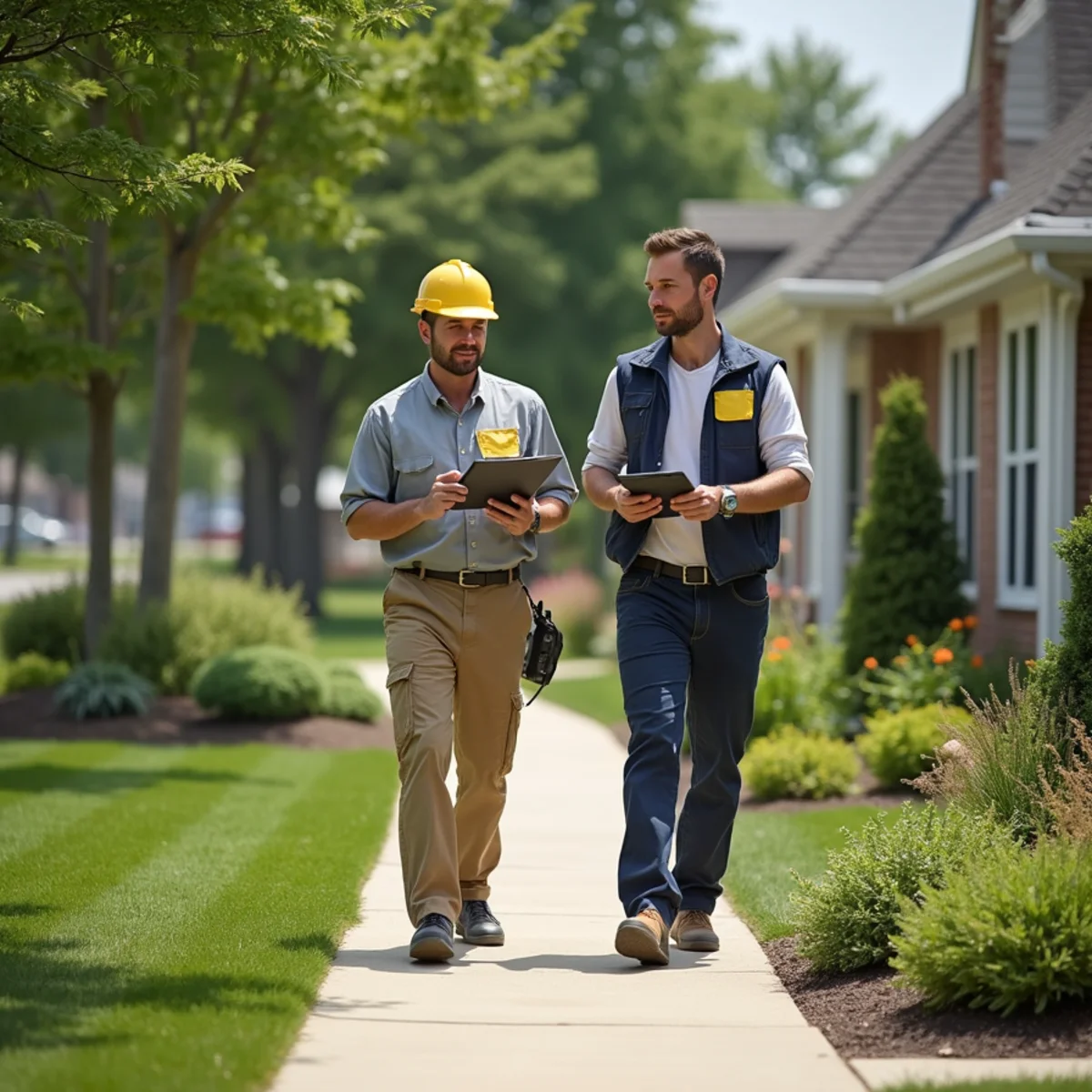 Property manager and landscaper reviewing grounds together with tablets