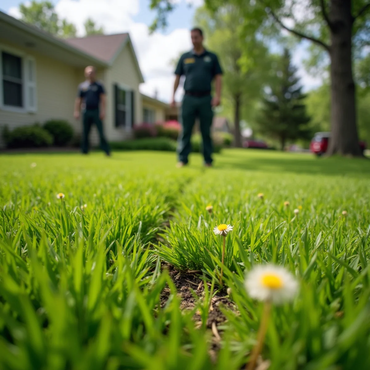 Dandelions and crabgrass invading a thin lawn in Northwest Indiana