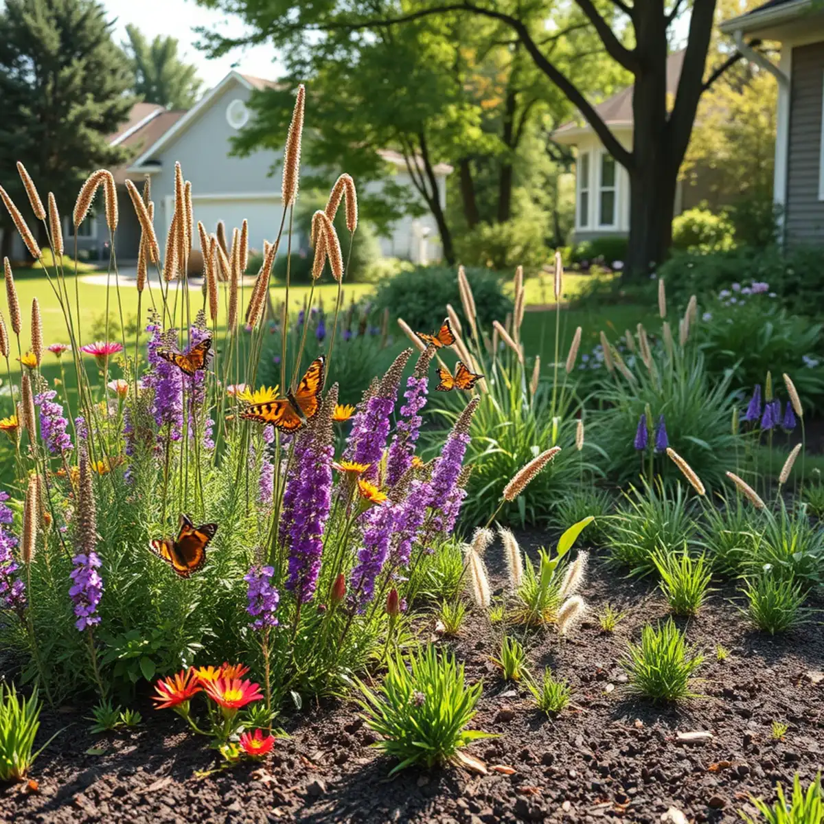 Native prairie planting with black-eyed Susans and grasses in Northwest Indiana