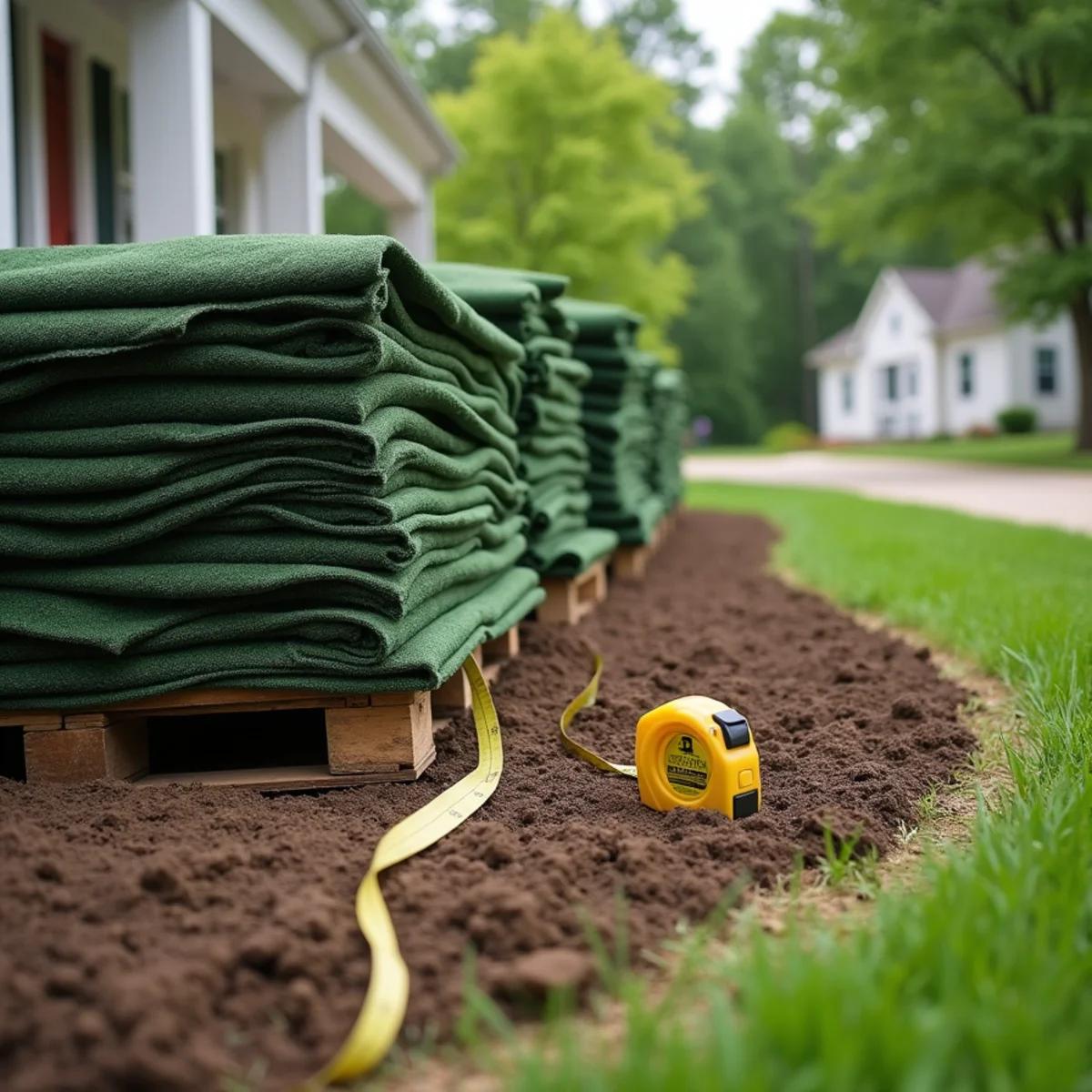 Pallets of fresh sod and a tape measure at the edge of a prepared yard