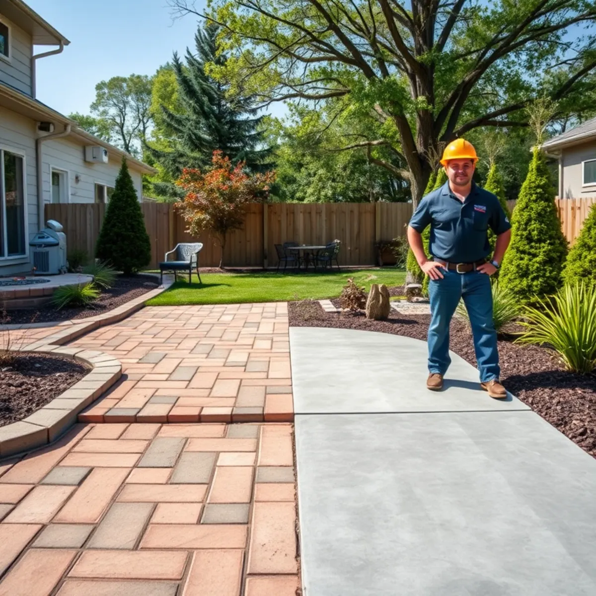 Side-by-side comparison of a paver patio and a poured concrete patio