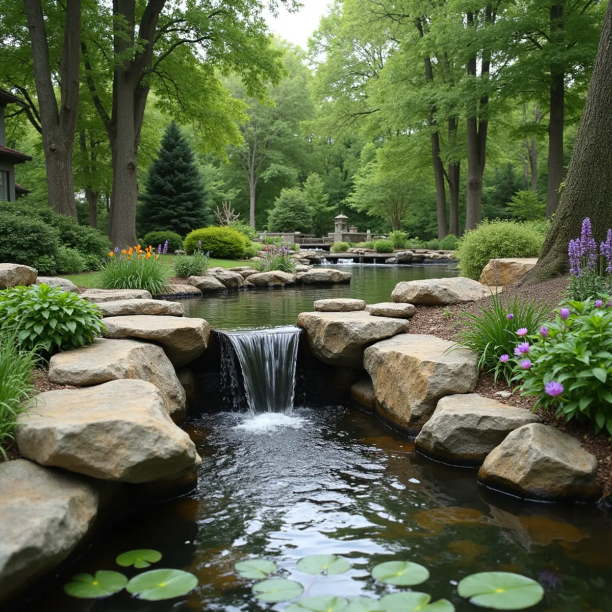 Stone waterfall flowing into a backyard pond with lily pads