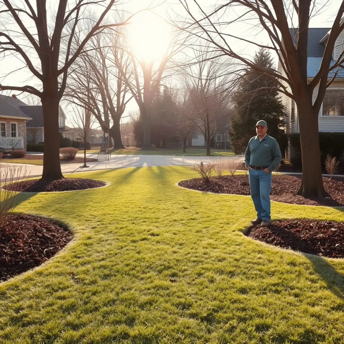 Frost-covered lawn and landscape beds heading into winter in Indiana