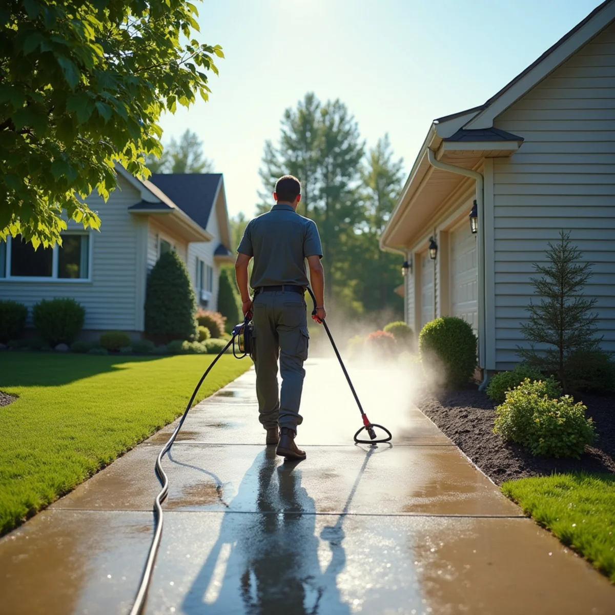 Pressure washing a concrete walkway beside a suburban home