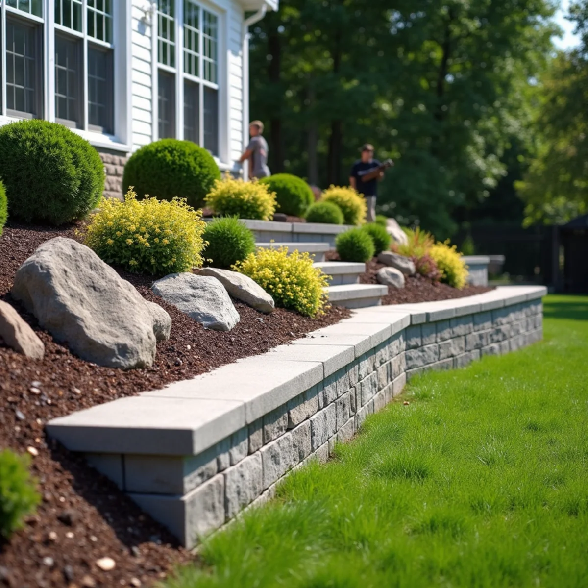 Segmental block retaining wall with natural boulders terracing a sloped yard