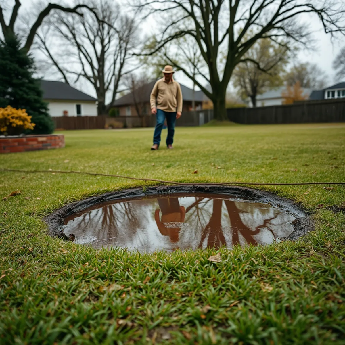 Standing water lingering on a clay-soil lawn days after rain in Northwest Indiana