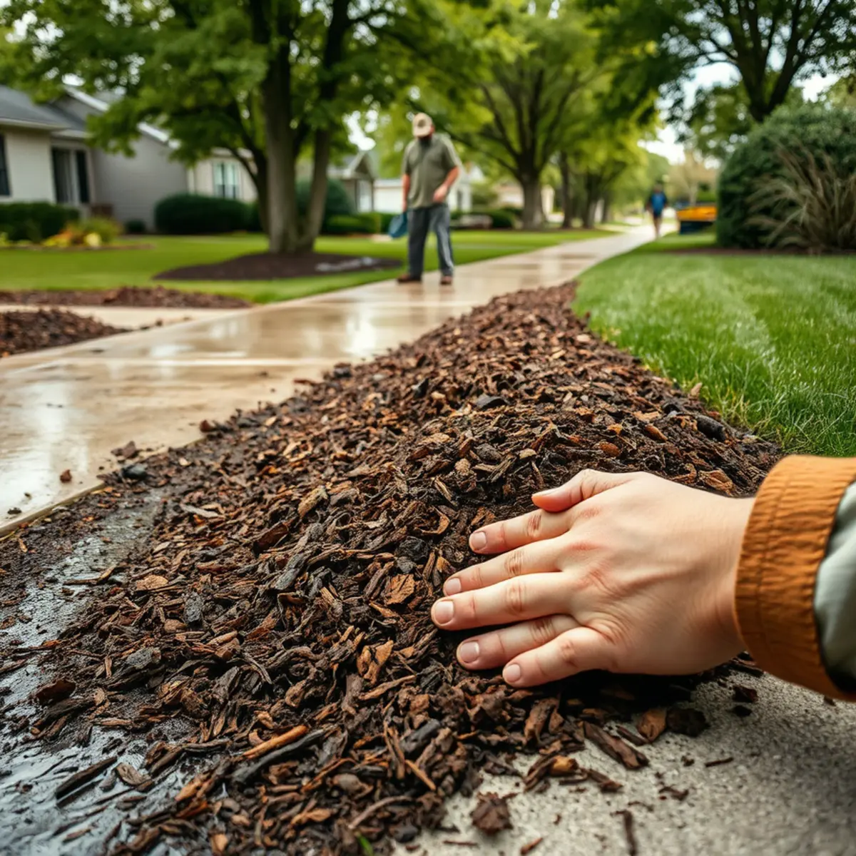 Mulch washed out of a landscape bed across a sidewalk after a storm