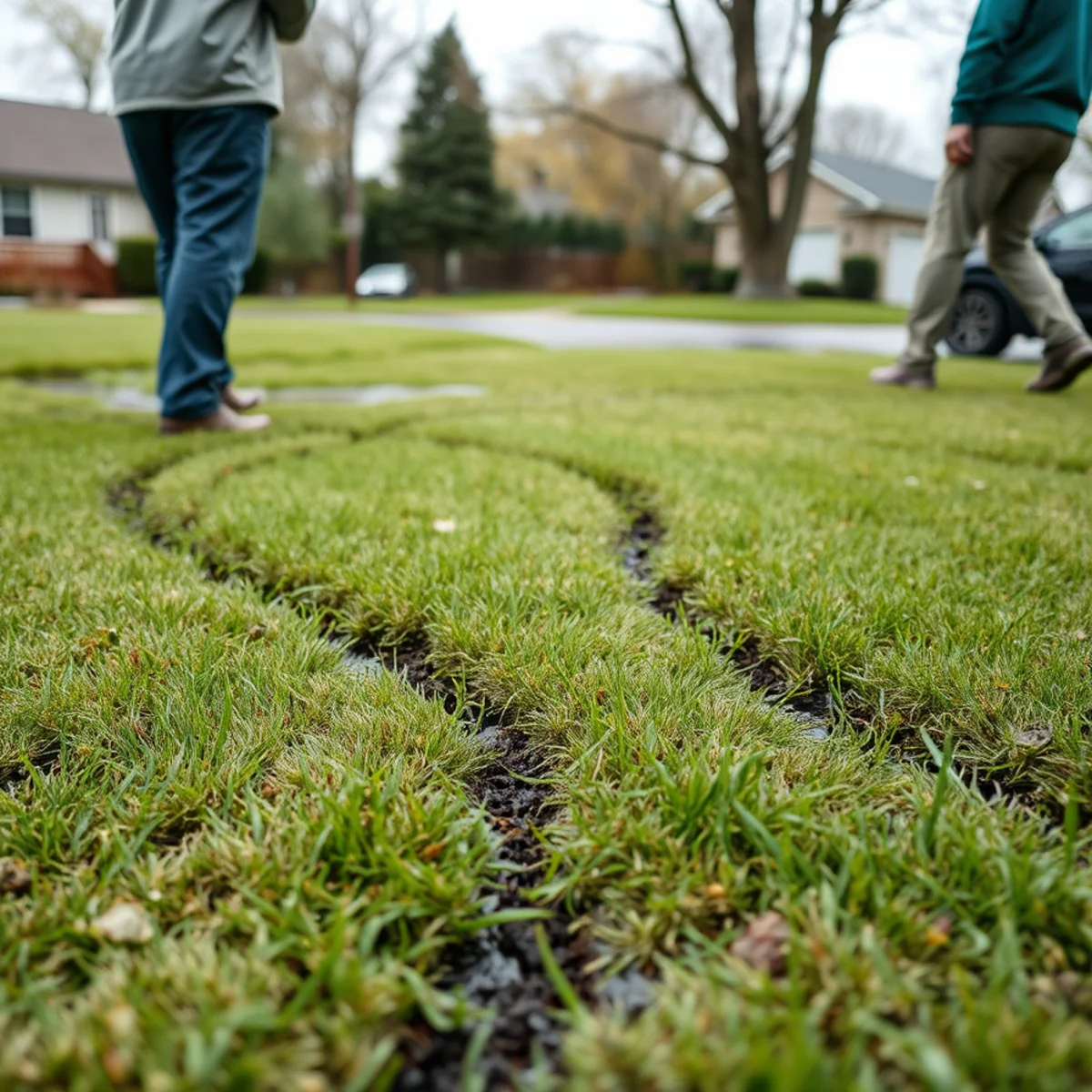 Waterlogged, spongy lawn with mower ruts in Northwest Indiana
