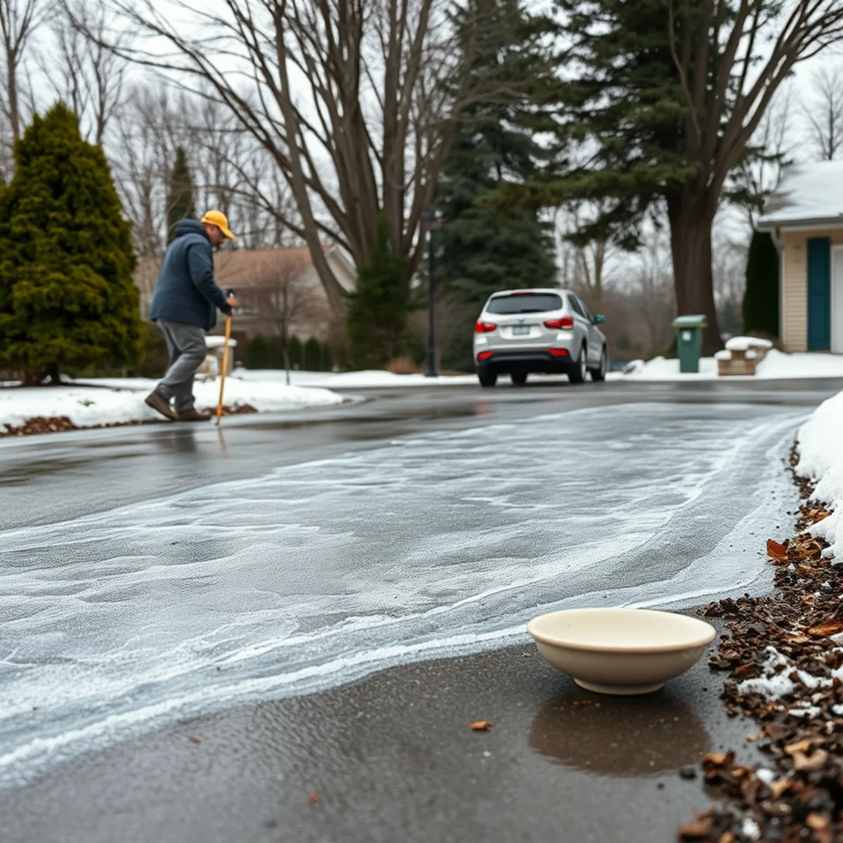 Sheet of ice formed on a driveway from poor winter drainage