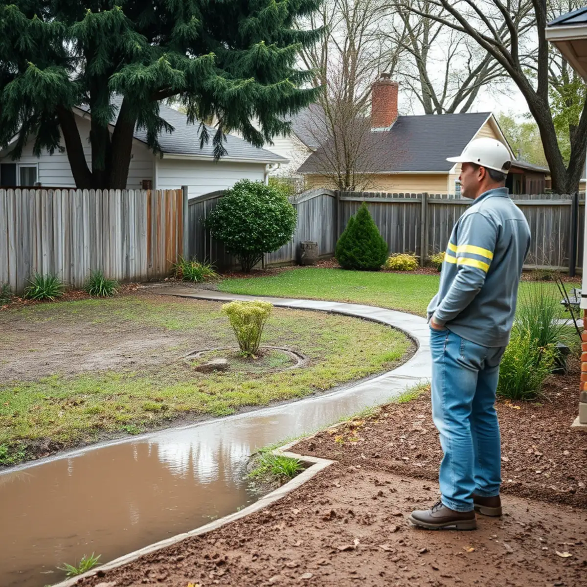 Water pooling against a home foundation signaling a drainage problem