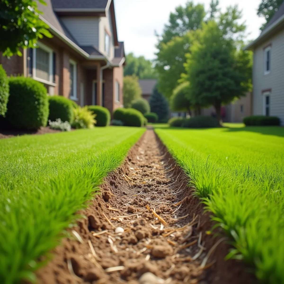Prepared soil strip between lawn areas, ready for new sod or seed