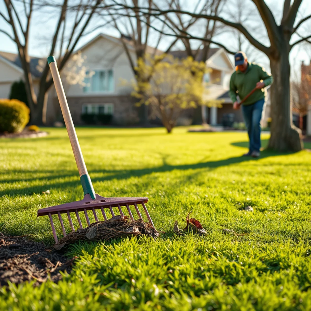 Green spring lawn being raked and cleaned up in Northwest Indiana