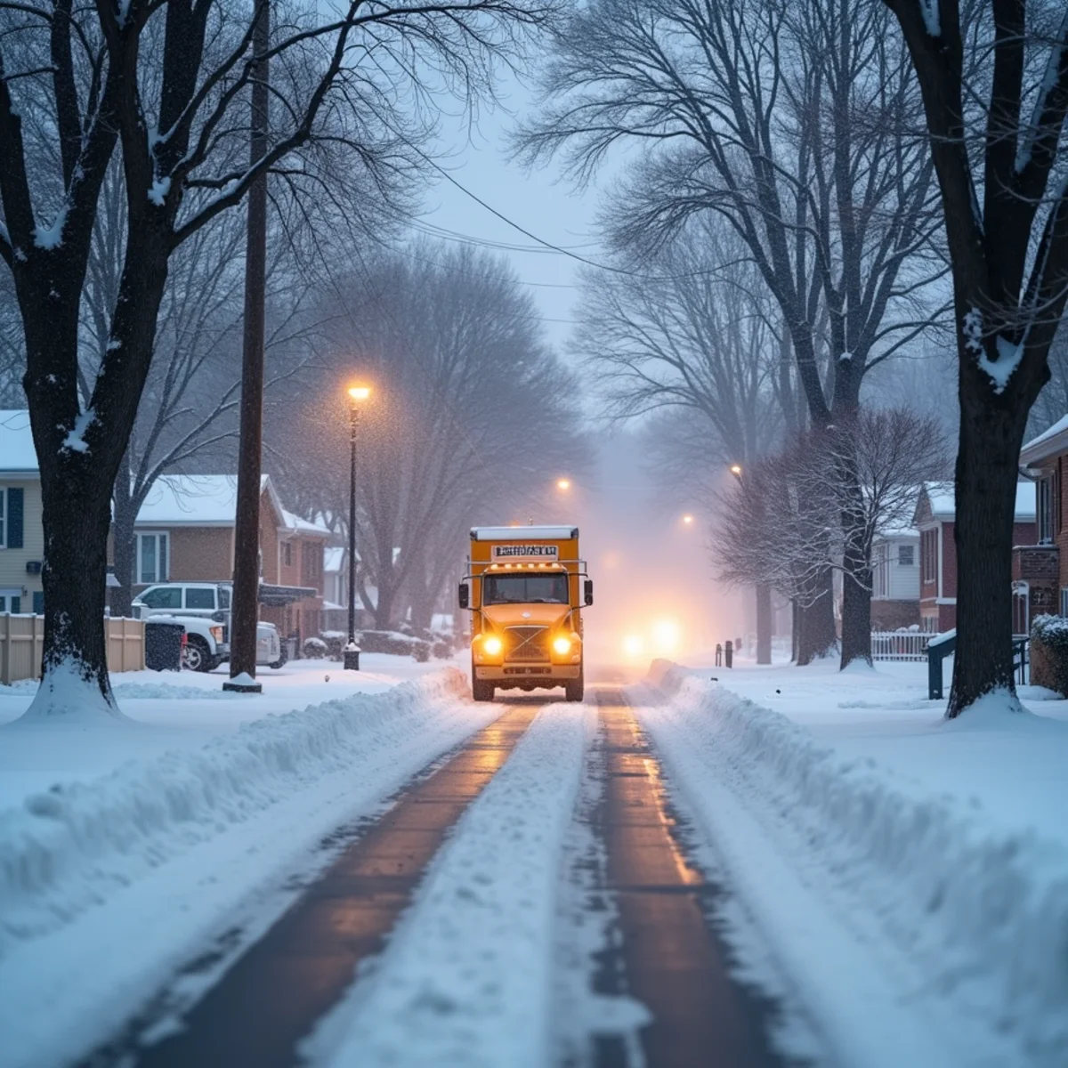 Snow plow truck clearing a residential street after a lake-effect storm