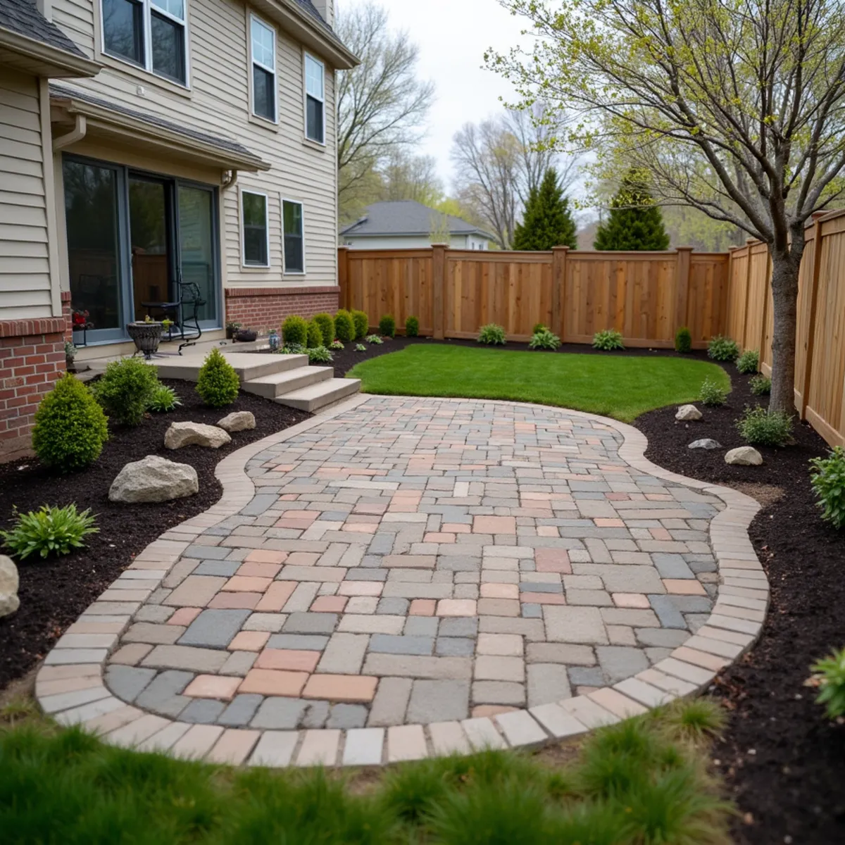 Curved multicolor paver patio behind a suburban home
