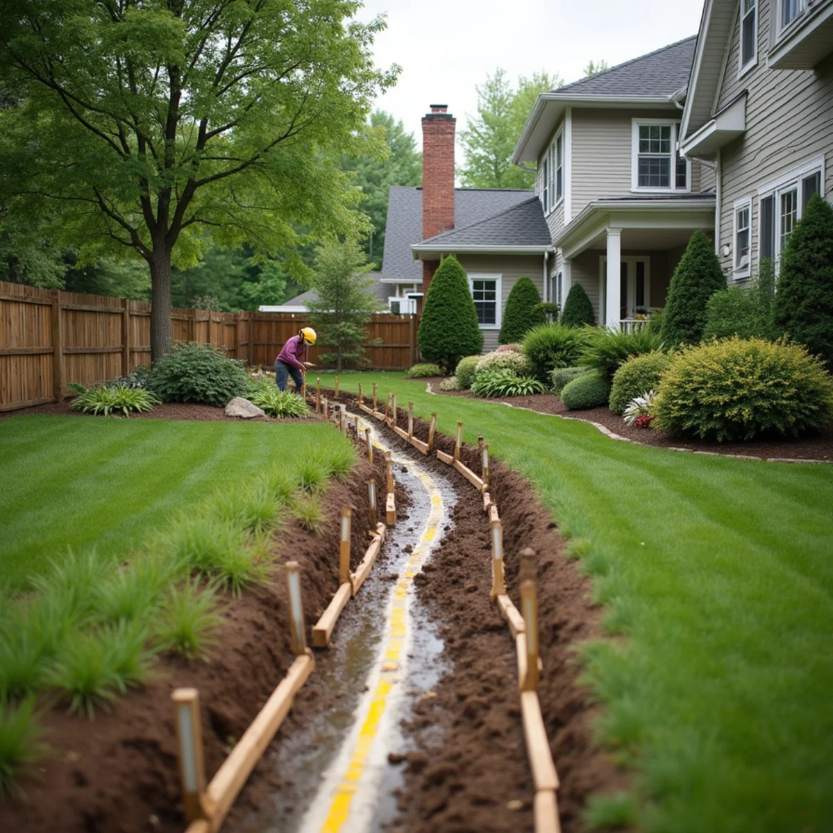 Drainage trench and gravel being installed to fix a wet yard in Northwest Indiana
