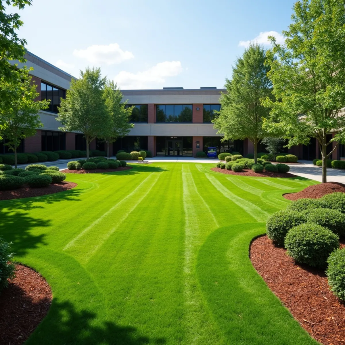 Office park grounds with a mowed lawn, trimmed hedges and mulched islands