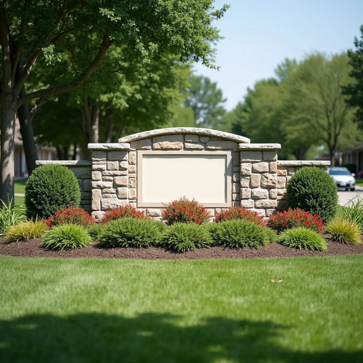 Community entrance with a blank stone monument wall and seasonal flower beds