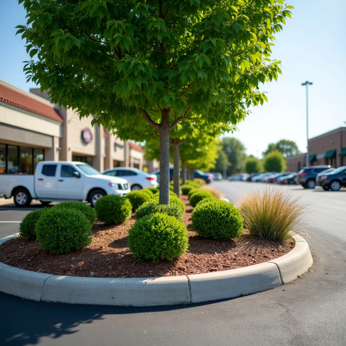 Landscaped parking-lot islands with shrubs and a shade tree at a retail center