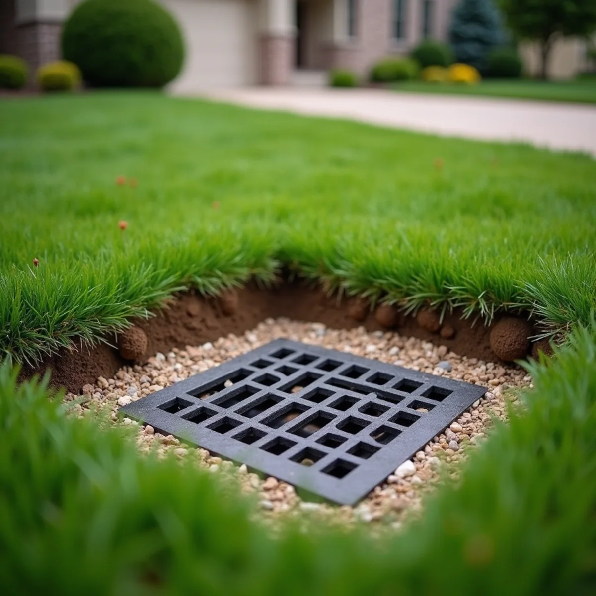 New square catch basin grate set in the low spot of a lawn