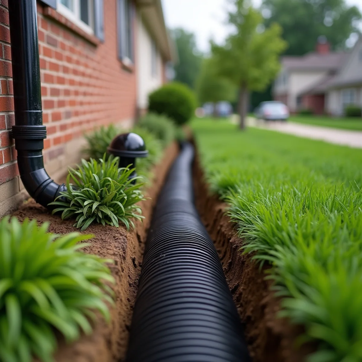 Downspout connected to a corrugated drain pipe laid in a trench along a brick house