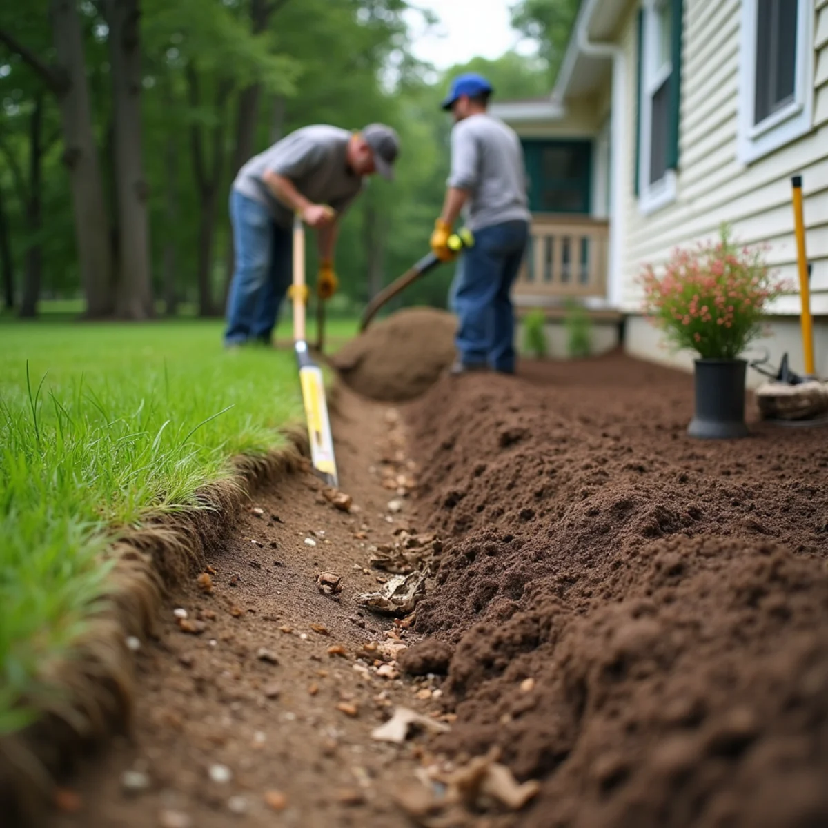 Crew regrading soil along a house foundation so water drains away