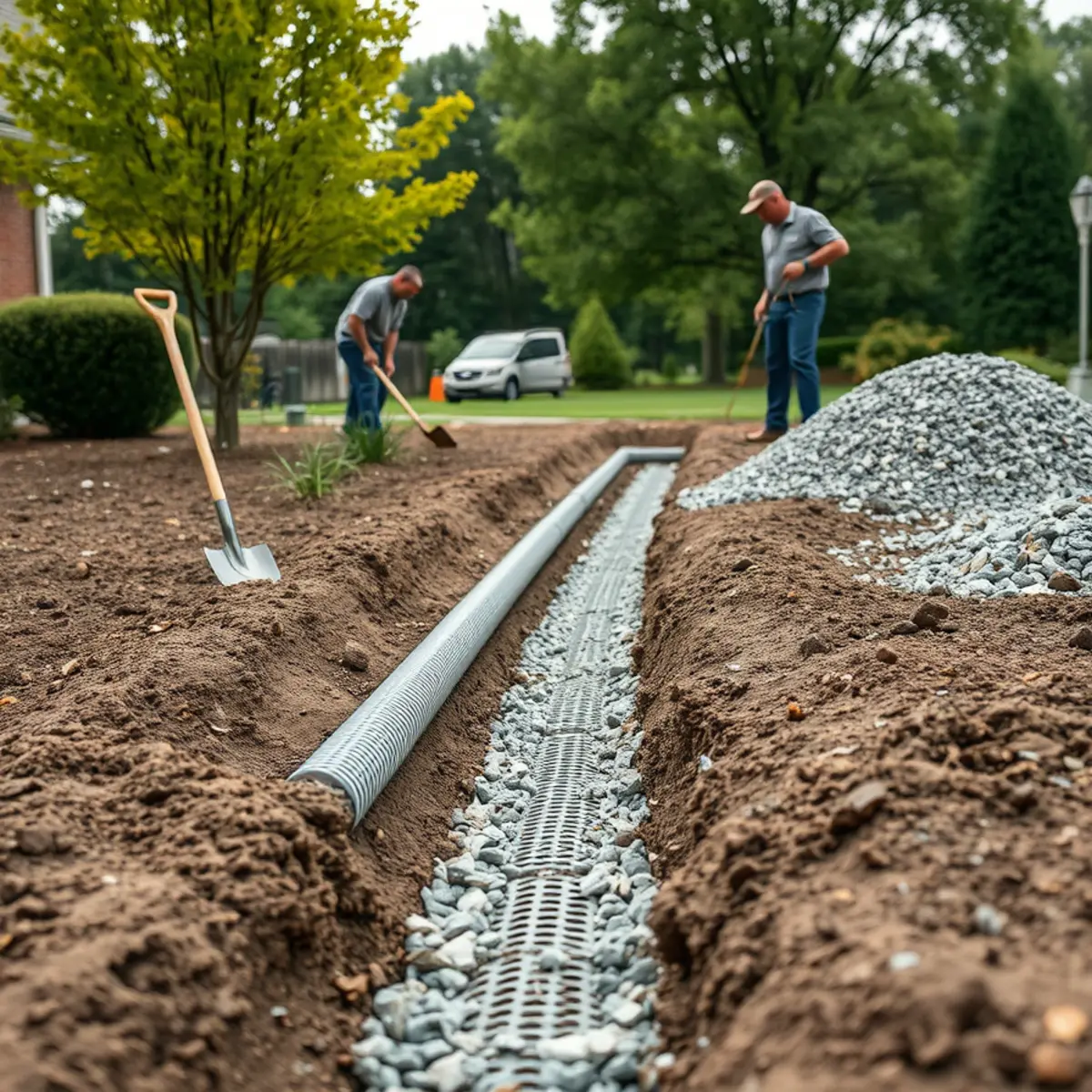 French drain installation correcting yard drainage in Hobart, Indiana