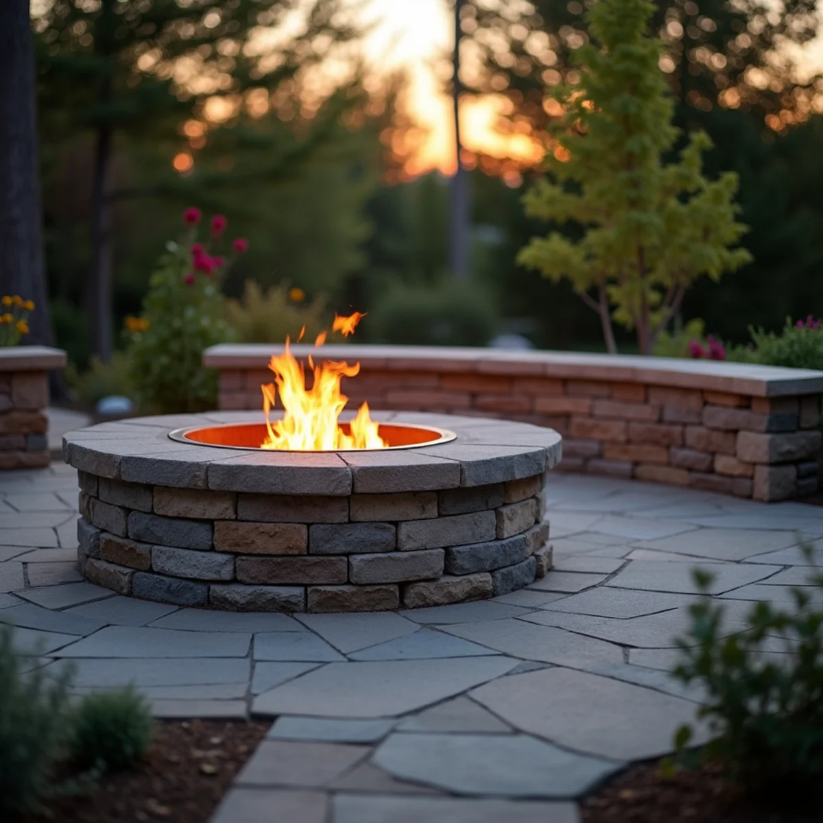 Round masonry paver fire pit with a steel ring glowing at dusk beside a seating wall