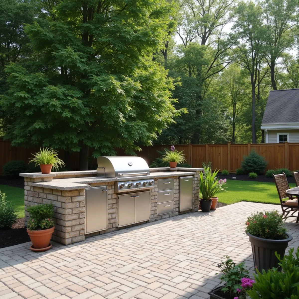 Paver-and-block outdoor kitchen counter with a built-in grill surround on a patio