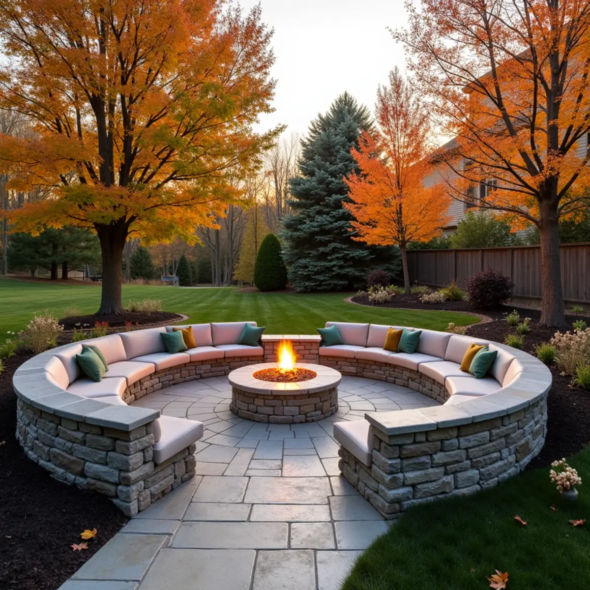 Curved stone seating walls around a fire pit with autumn leaves and cushions