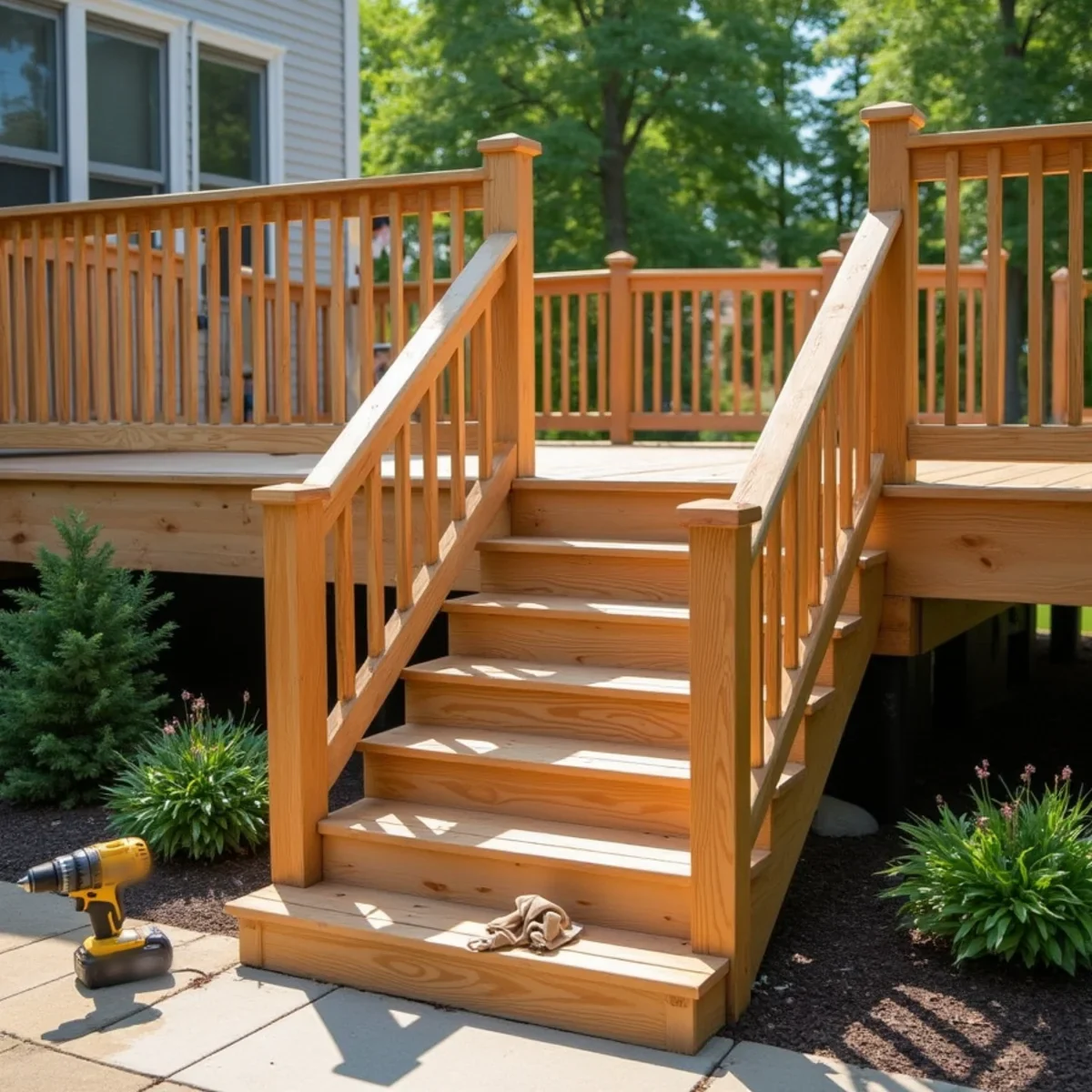 Newly rebuilt wooden deck stairs with fresh treads, stringers and a sturdy railing