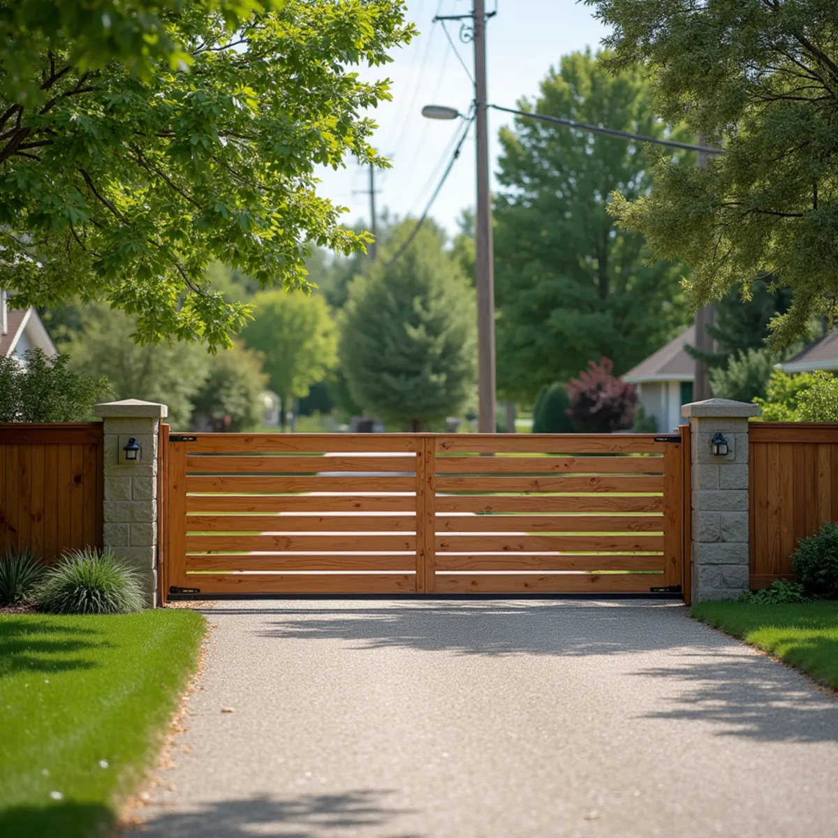 Custom horizontal-slat wooden rolling gate across a driveway