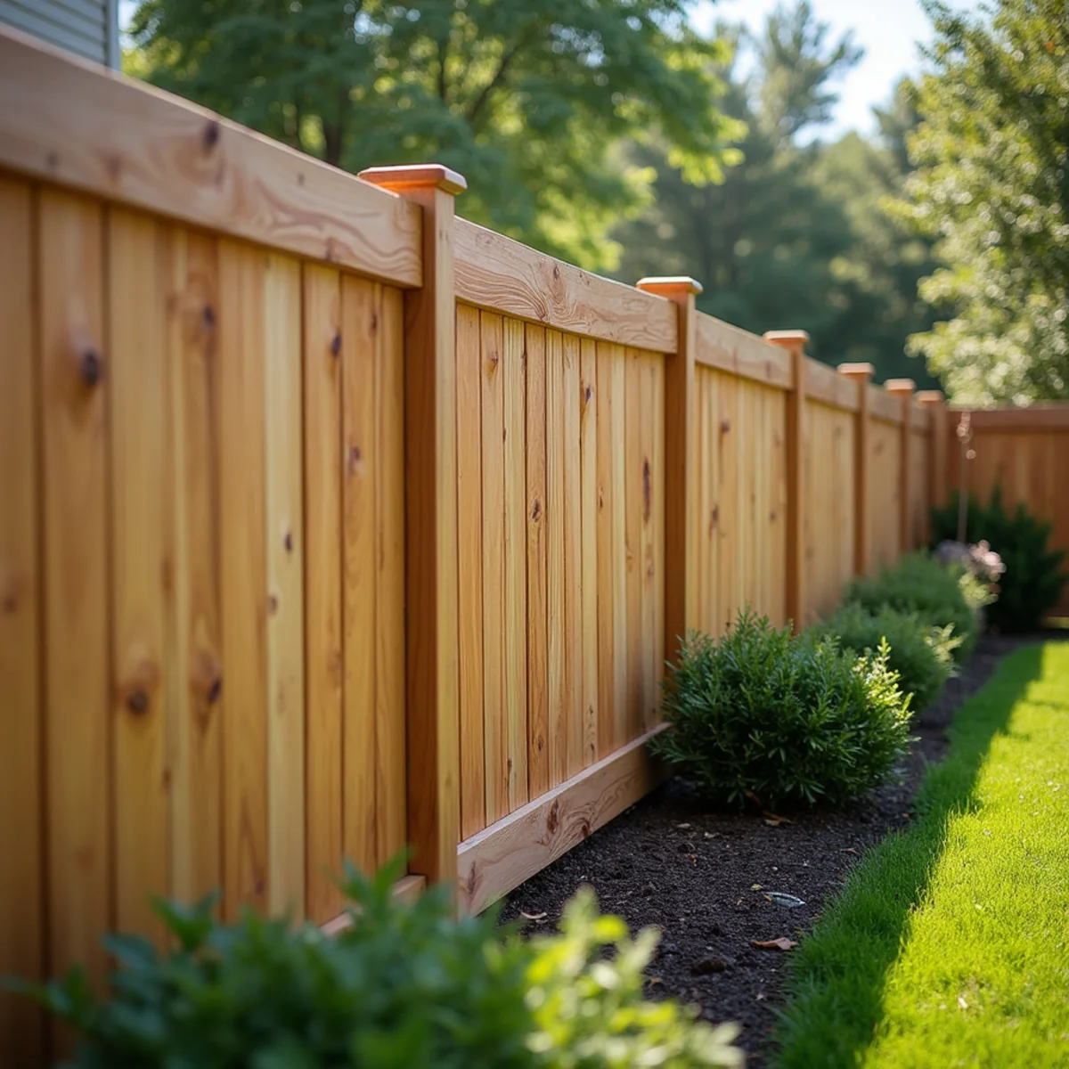 Newly built wooden privacy fence along a backyard planting bed