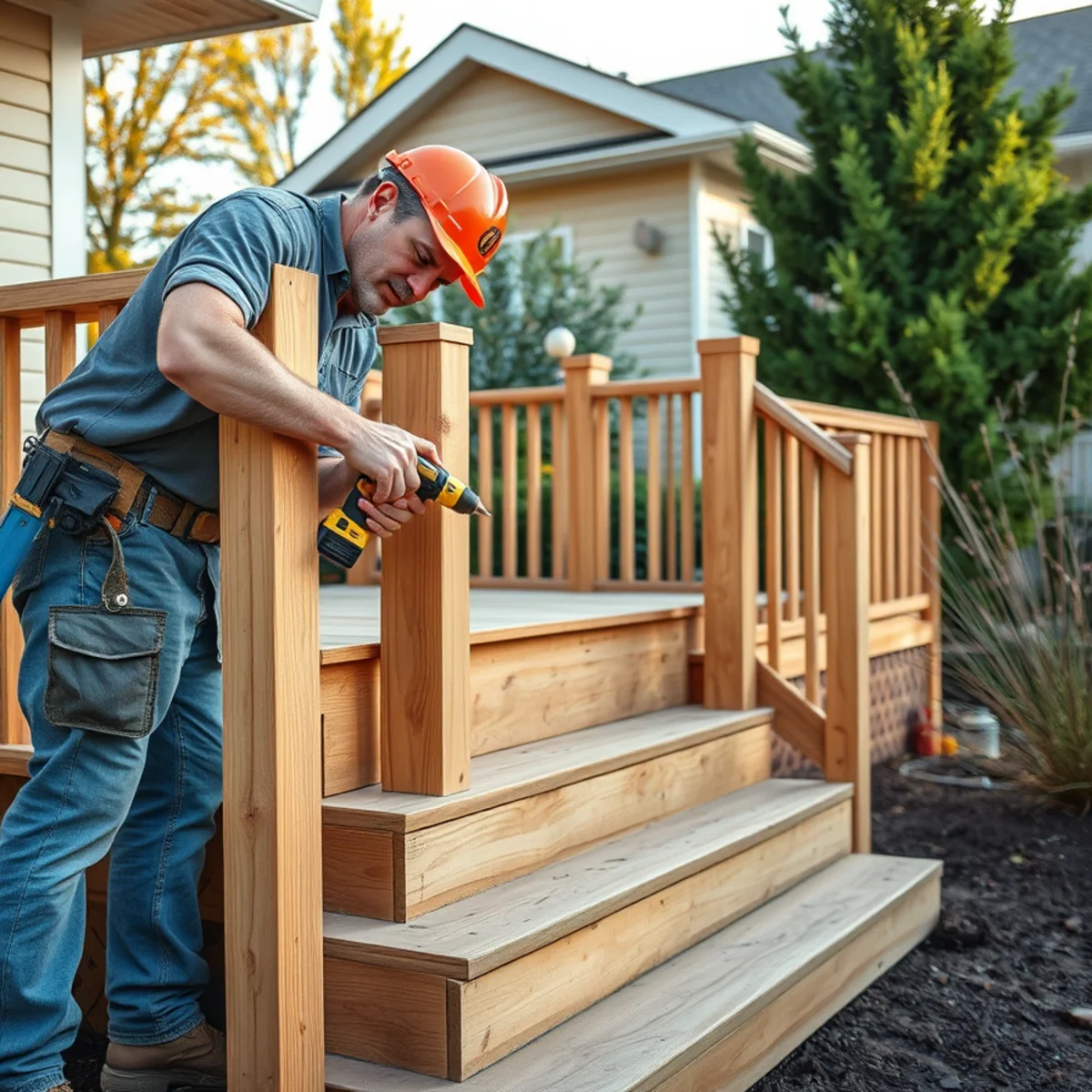 Handyman repairing a wooden deck at a Hobart, Indiana home