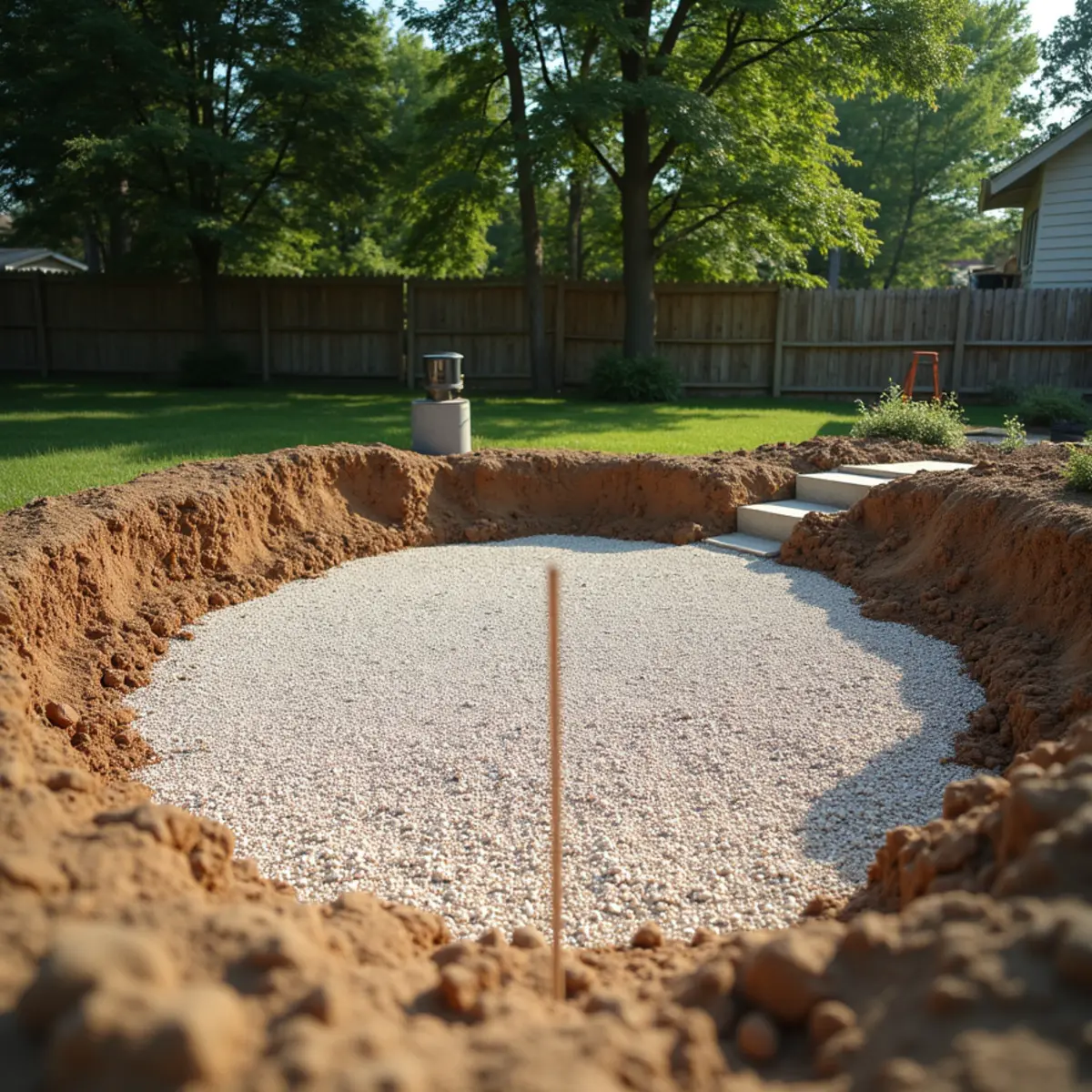 Excavated patio area with a compacted gravel base and a string-line stake