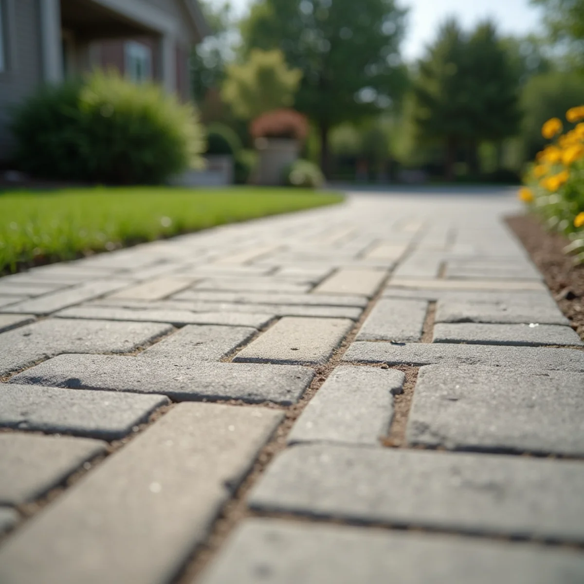 Close-up of tightly laid concrete pavers with clean, narrow joints