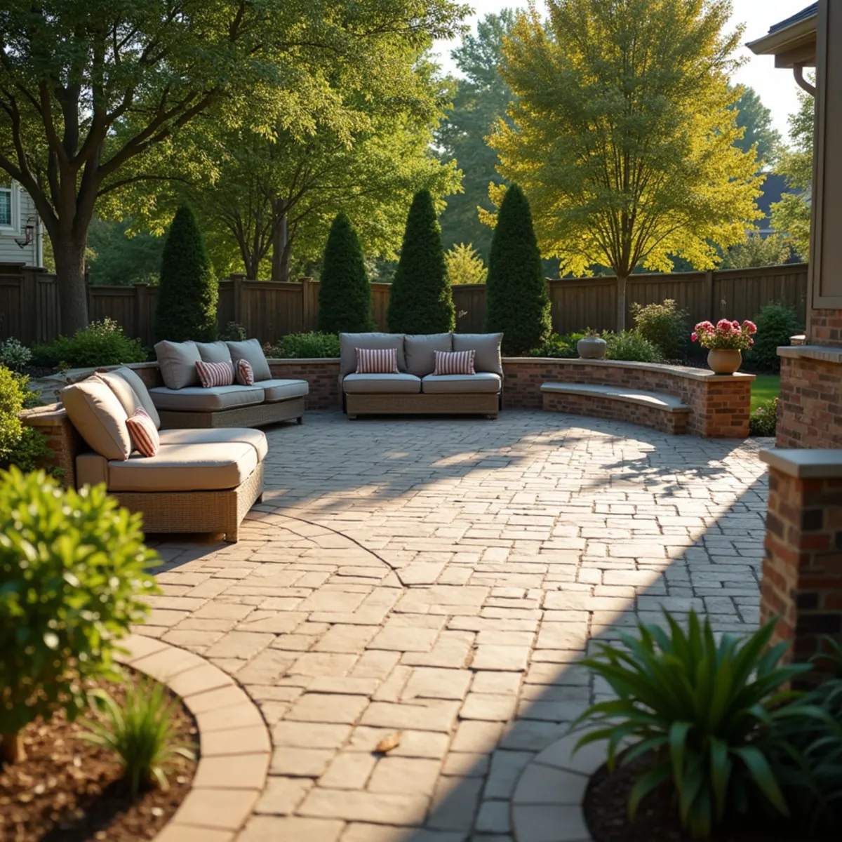 Paver patio with a curved seating wall, planting beds and outdoor furniture