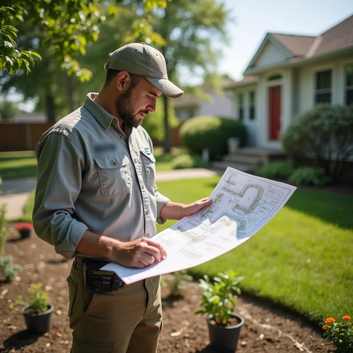 Landscaper holding a printed planting plan in a front yard with marked bed lines and potted plants