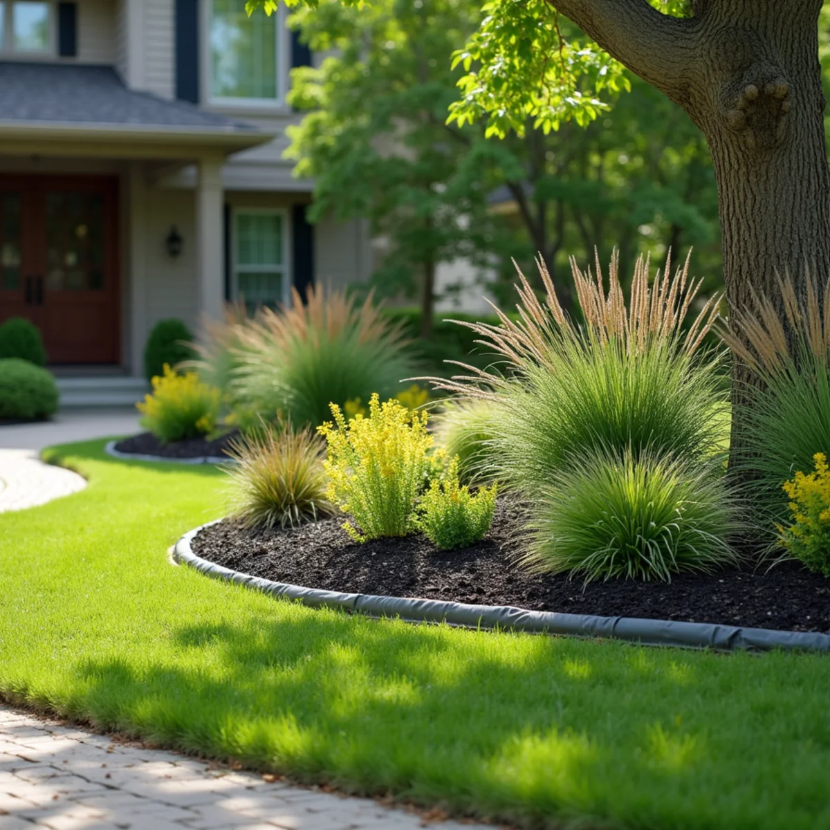 Layered native perennial and ornamental grass beds with steel edging along a curved lawn