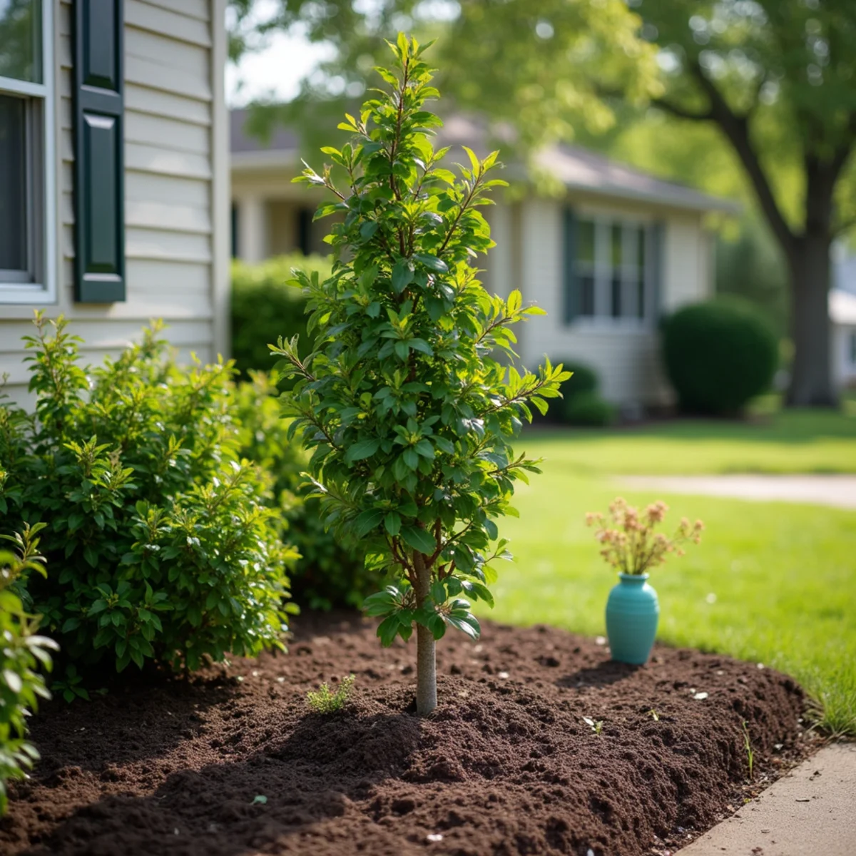 Newly planted ornamental tree and shrubs in a freshly built mulch bed