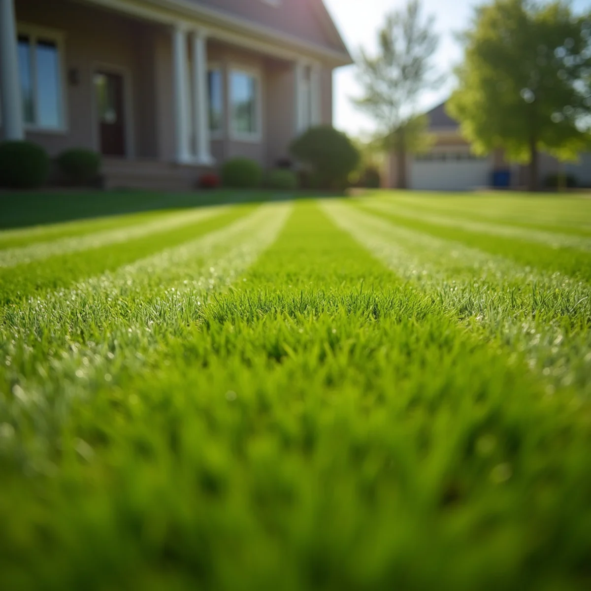 Freshly mowed lawn with even height and clean diagonal stripes