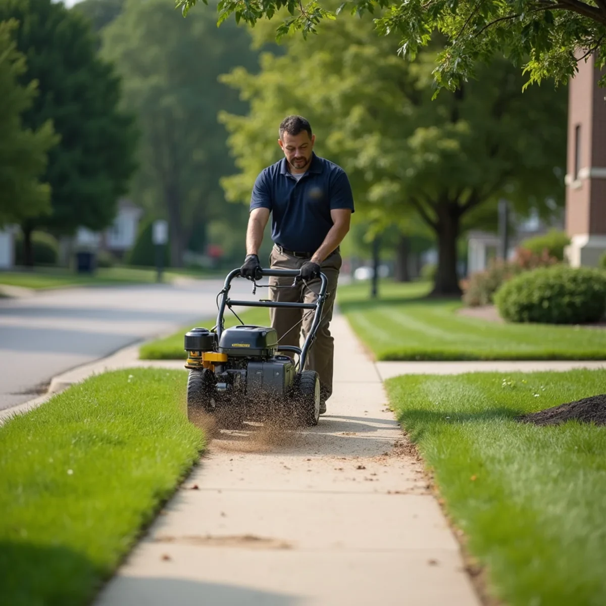 Landscaper running a mechanical edger along a sidewalk beside a freshly mowed lawn